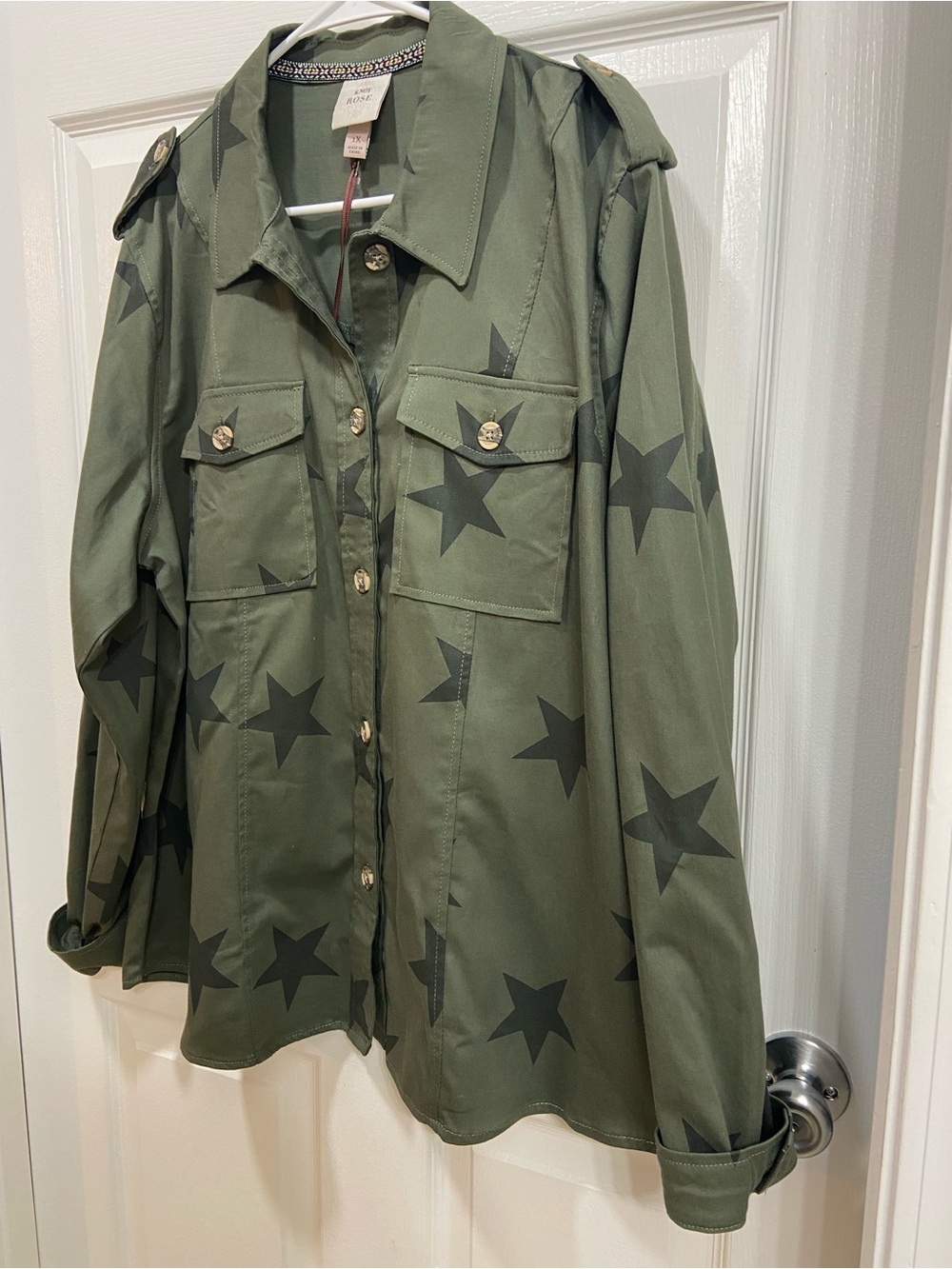 NWT Knox Rose Women's Olive Green Star Print Utility Jacket Size XL